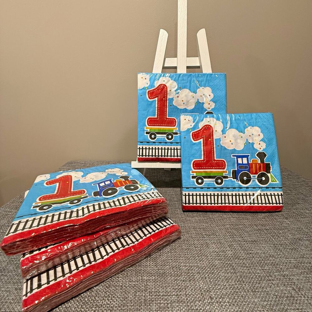 Party Creations All Aboard 1st Birthday Train Napkins 16ct 2-Ply Blue